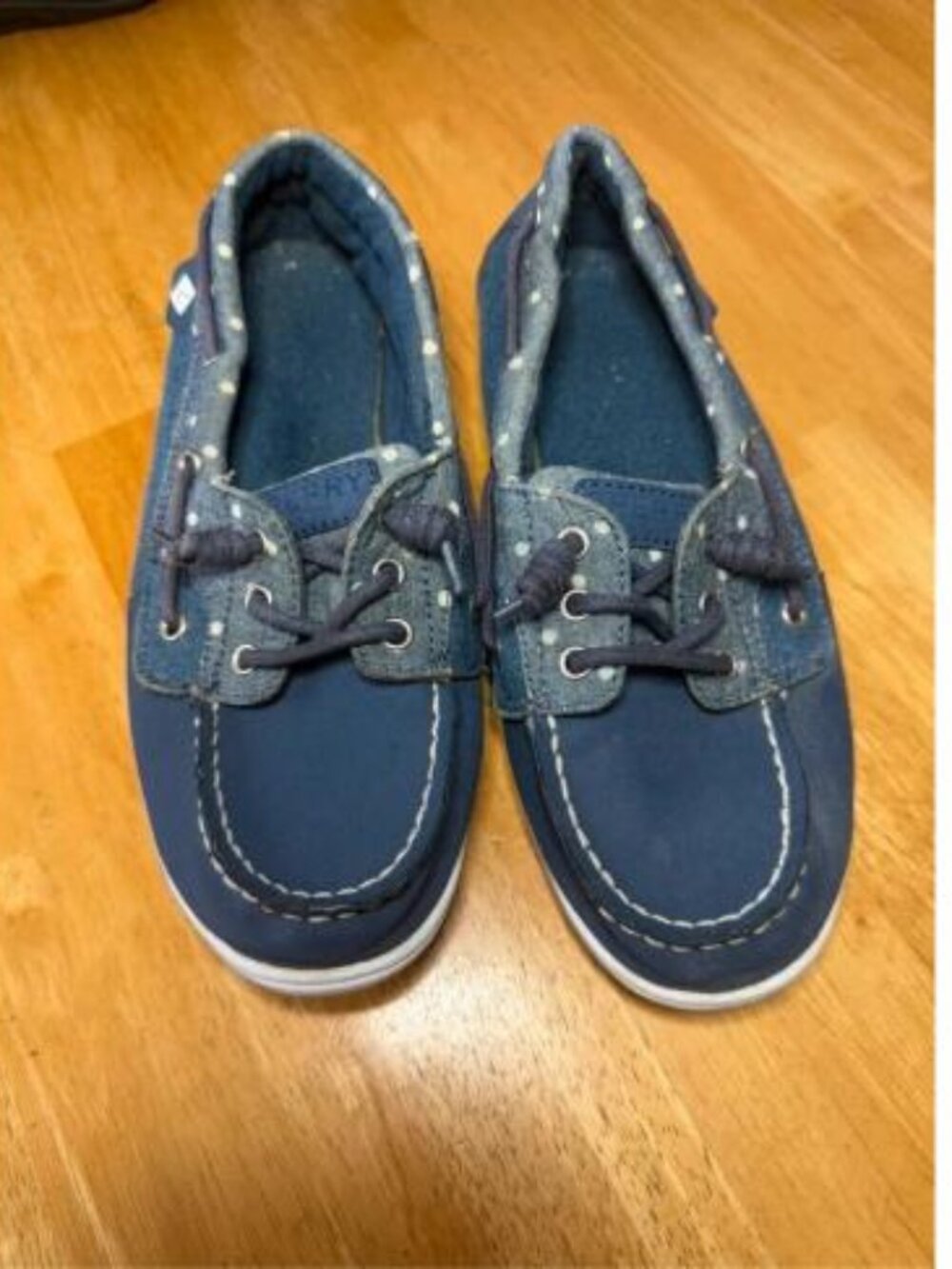 Sperry Shoresider 3-Eye Kids Boat Shoes Size 2.5 Blue Denim Polka Dot